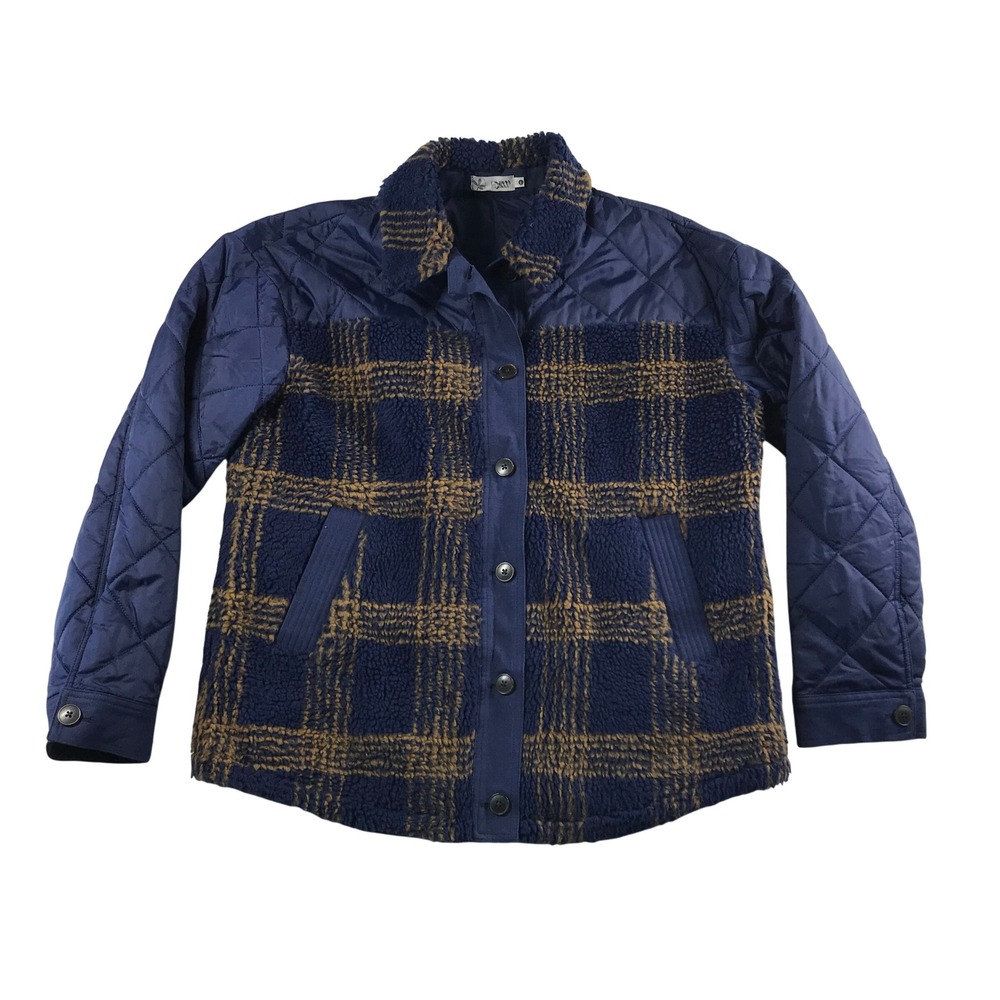 Carve Designs Navy Blue Plaid Quilted Sherpa Mixed Media Jacket Large Womens